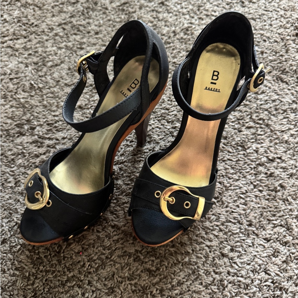 Bakers Black Heels with Gold Buckles
